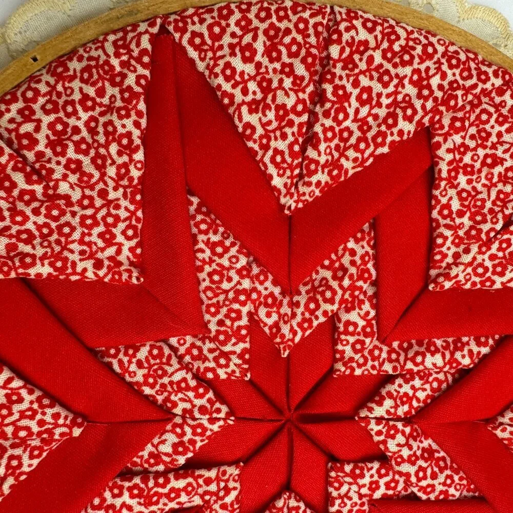 Vintage Red Folded Star Quilted Design Embroidery Hoop Wall ART Country Rustic